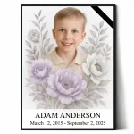 Decorative memorial panel with photo of deceased child and floral design