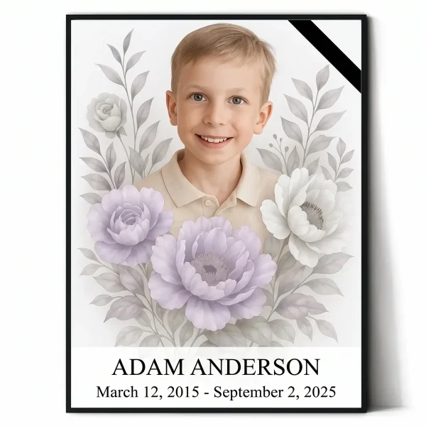 Decorative memorial panel with photo of deceased child and floral design