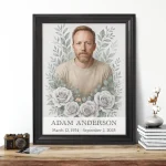 Porcelain-style memorial portrait for headstone with floral rose wreath in black frame