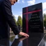 nowoczesny nagrobek z czerwonym asymetrycznym krzyżem szklanym i napisem imiennym