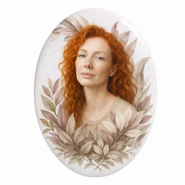 fotoceramika oval portrait plaque with decorative leaf wreath for headstone