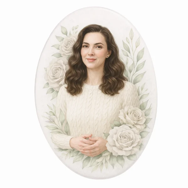 glass photo plaque for grave with oval portrait and white roses