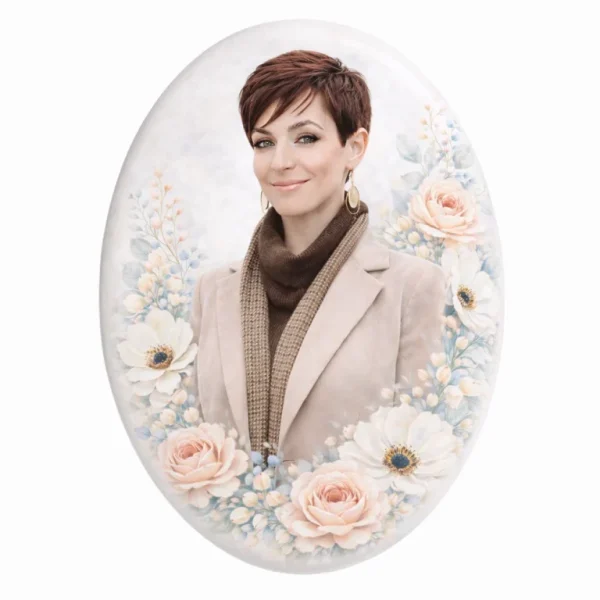 glass photo plaque for grave with oval floral wreath design