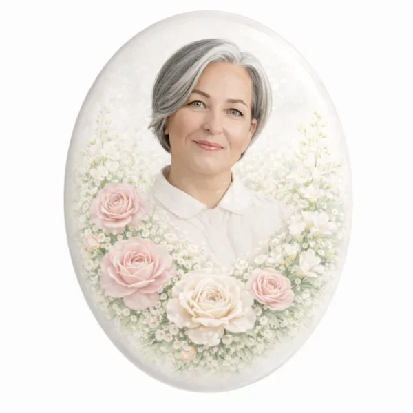 glass photo plaque for grave with rose and floral design