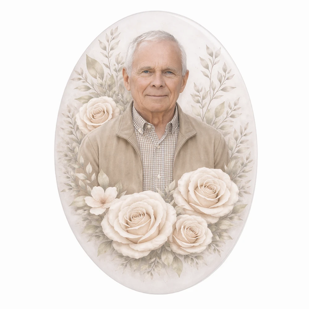 Oval Glass Photo Plaque for Headstone with Roses glass photo plaque for grave with oval portrait and rose design