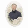 Oval glass memorial panel with portrait photo and floral design for headstone