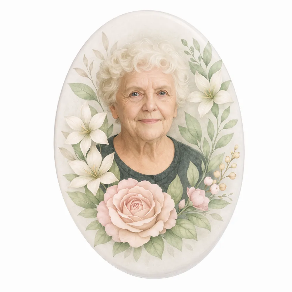 Oval Photo Ceramic Plaque with Floral Design for Grave Oval photo ceramic memorial plaque with rose and lily design for headstone