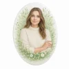 fotoceramika nagrobna owalna z wzorem kwiatowym i zielonymi listkami