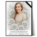 custom memorial portrait made from photo with rose motif and name plaque