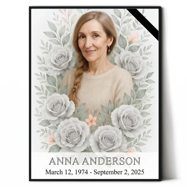 custom memorial portrait made from photo with rose motif and name plaque