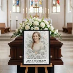 Personalised memorial portrait made from photo displayed on easel at funeral