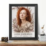Framed personalised memorial portrait with floral motif made from photo