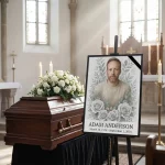 Personalised memorial portrait made from photo displayed on easel at funeral
