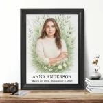 Custom memorial portrait made from photo with floral wreath design and name plate