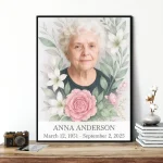 custom memorial portrait made from photo with name and dates, floral design