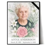 personalised memorial portrait made from photo with floral motif and inscription