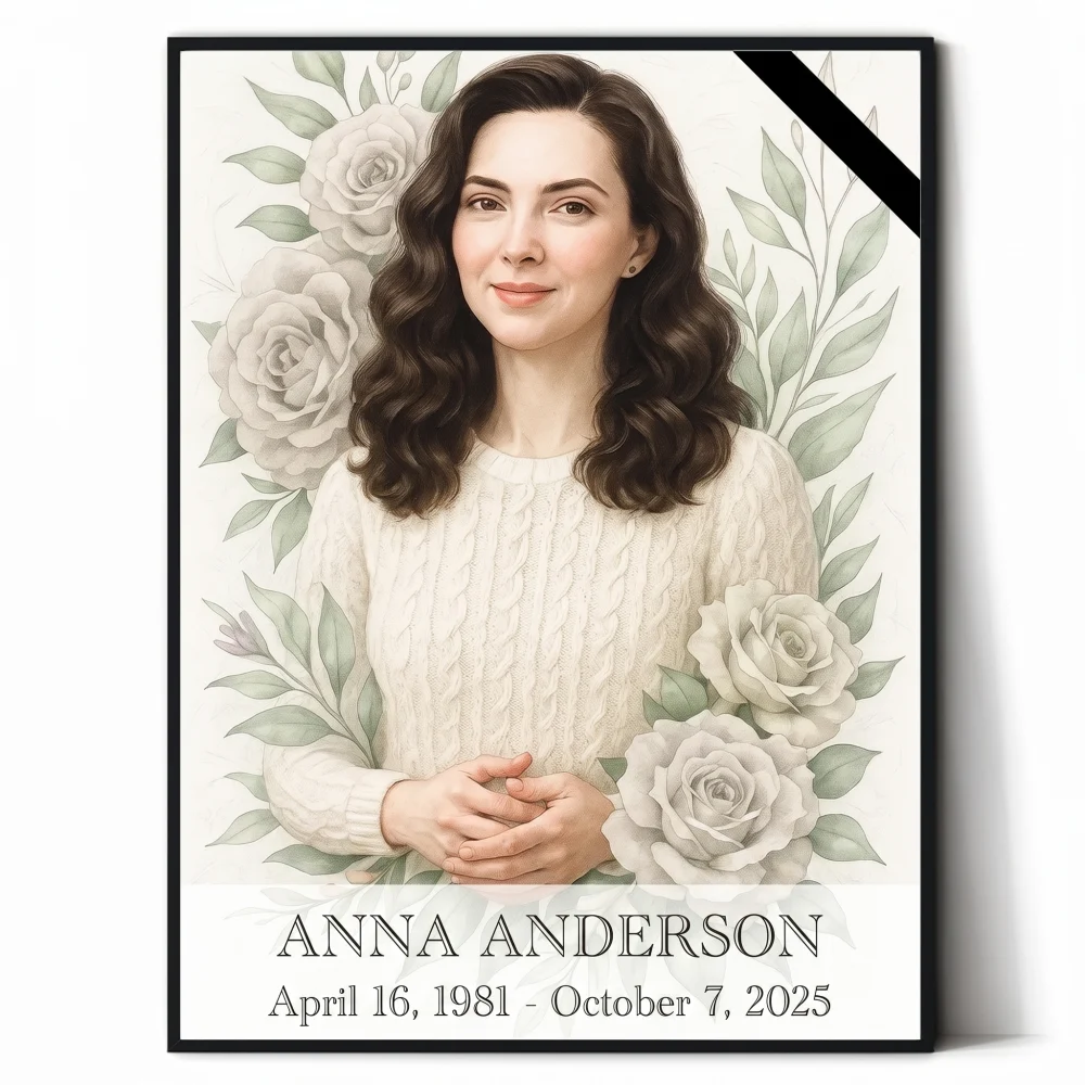 Personalised Memorial Portrait with Floral Design Custom memorial portrait from photo with rose motif and name plaque