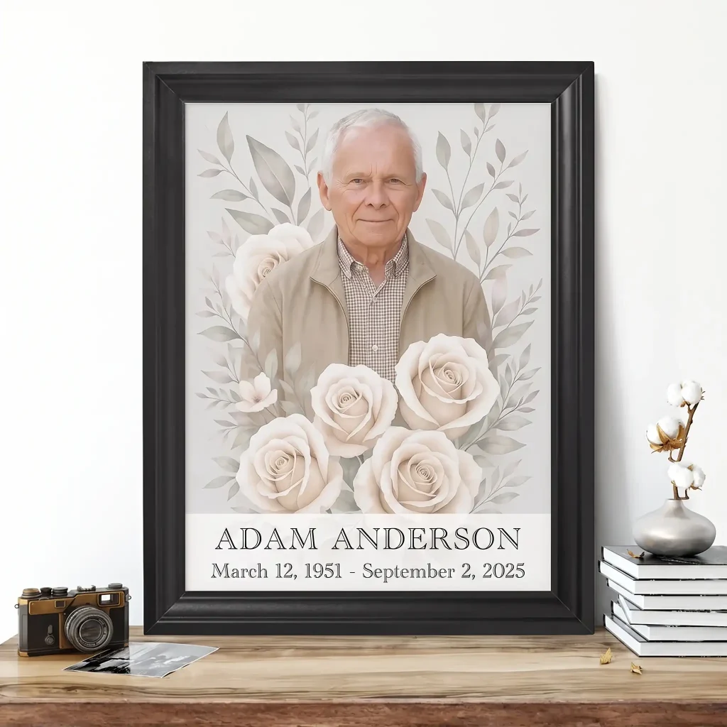 memorial portrait of deceased with rose design and name plate for headstone