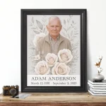 memorial portrait of deceased with rose design and name plate for headstone