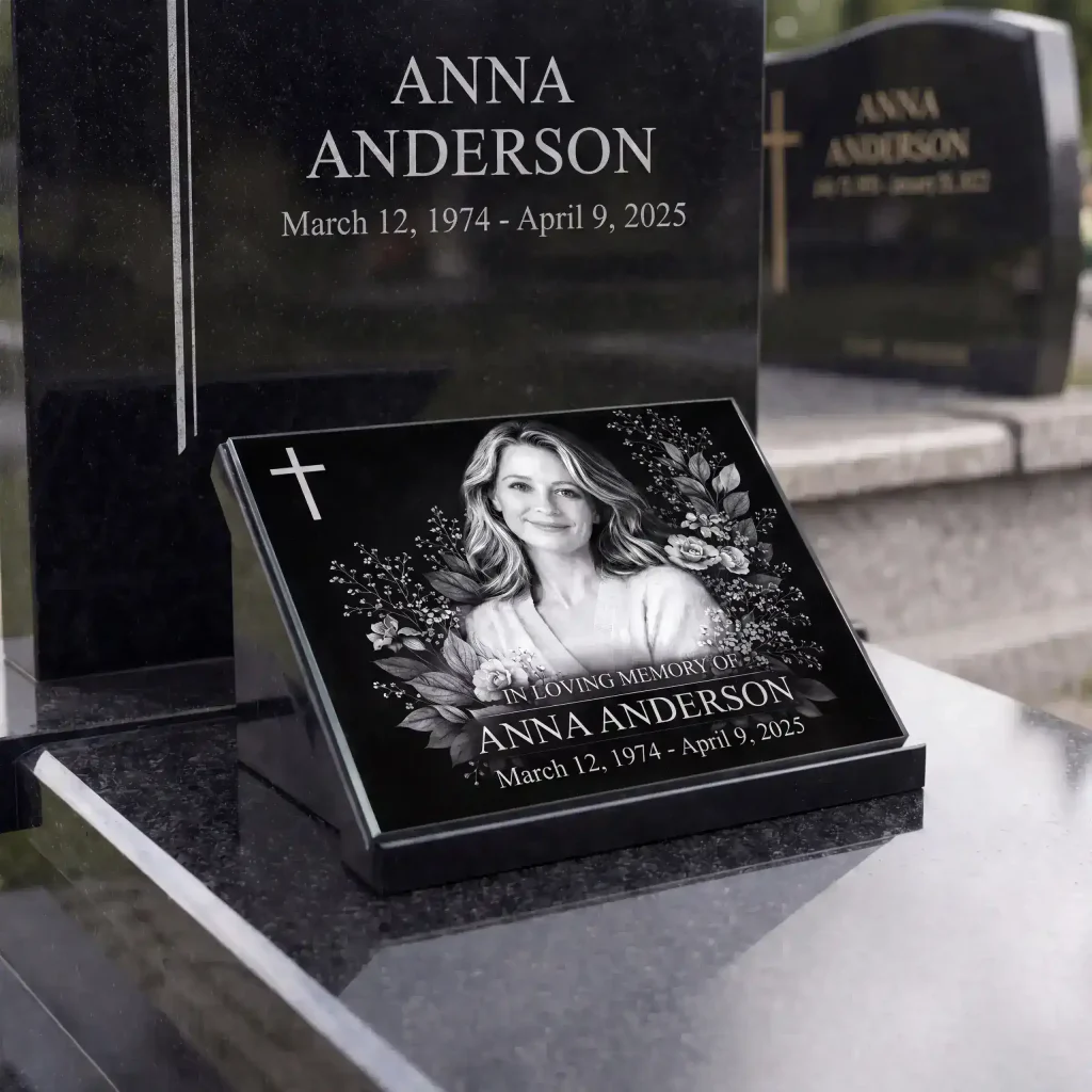 Glass photo plaque for grave engraved with name and dates