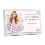 Glass photo plaque for grave with floral design, name and dates