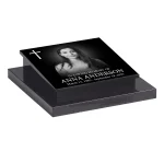 glass photo plaque for grave mounted on granite base with name and dates