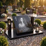 Glass photo plaque for grave featuring a memorial portrait, name and dates
