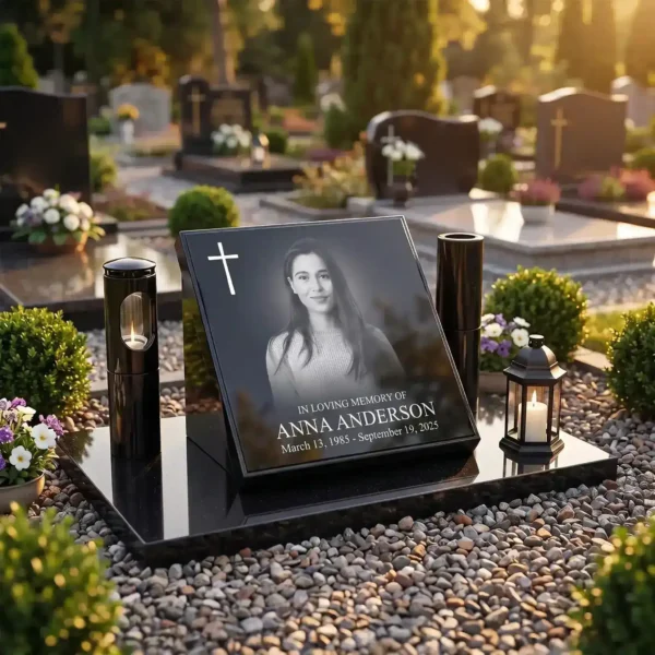 Glass photo plaque for grave featuring a memorial portrait, name and dates