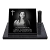 glass photo plaque for grave with name, dates and engraved cross on granite base