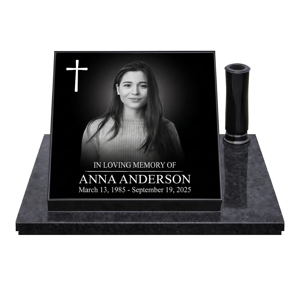 glass photo plaque for grave with name, dates and engraved cross on granite base