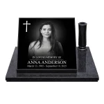 glass photo plaque for grave with name, dates and engraved cross on granite base