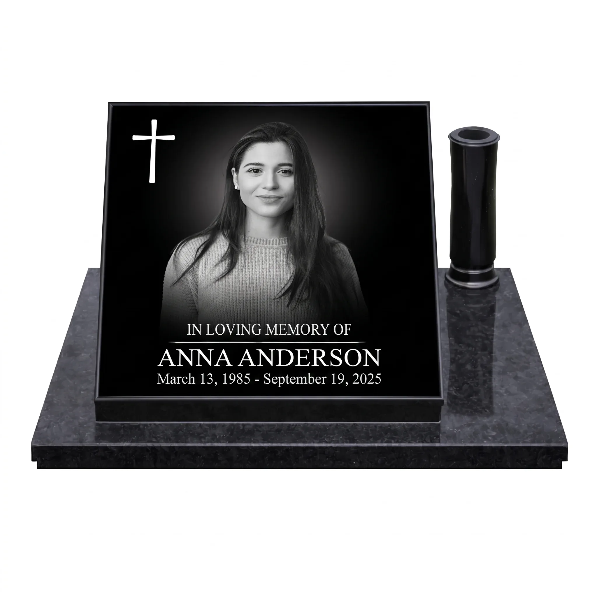 Personalized Glass Grave Plaque with Photo and Name glass photo plaque for grave with name, dates and engraved cross on granite base