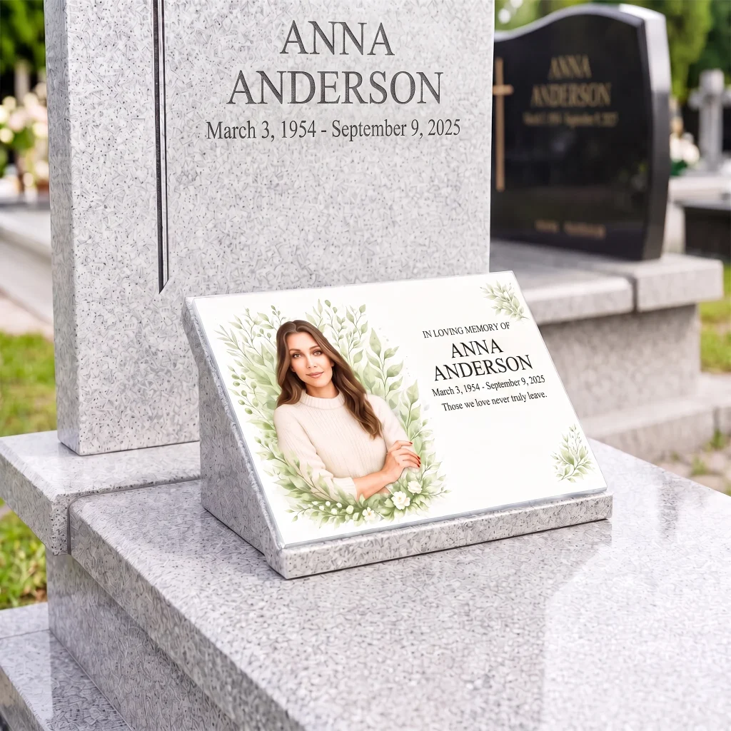 glass photo plaque for grave featuring a personalized portrait, name and dates