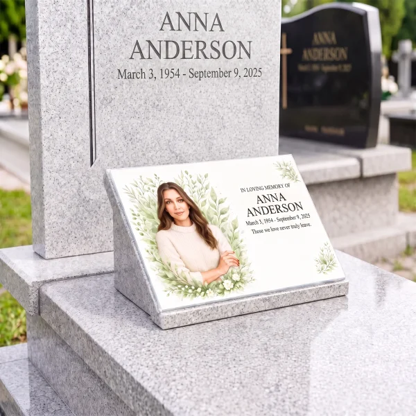 glass photo plaque for grave featuring a personalized portrait, name and dates