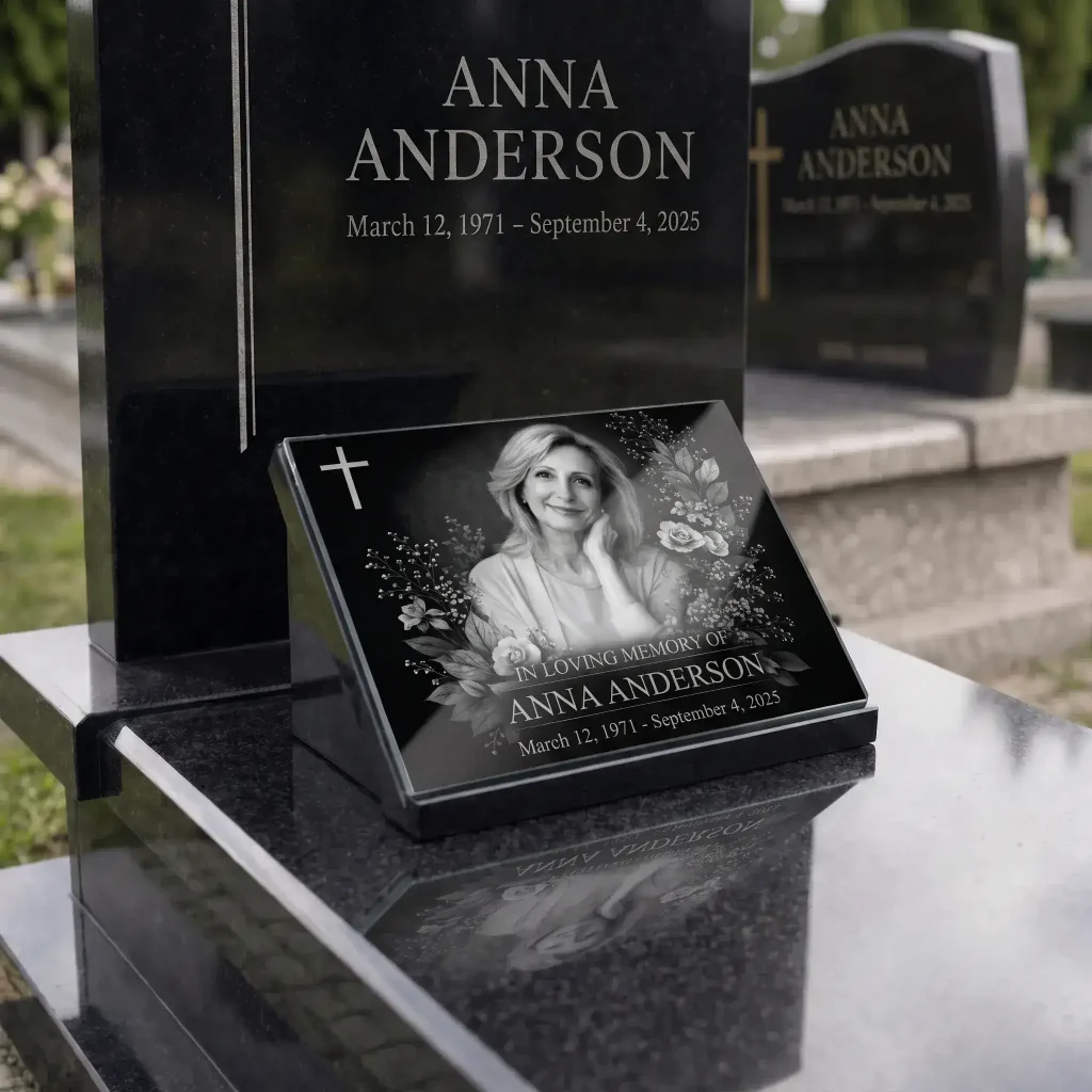 Glass photo plaque for grave engraved with name, dates and portrait