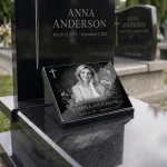 Glass photo plaque for grave engraved with name, dates and portrait