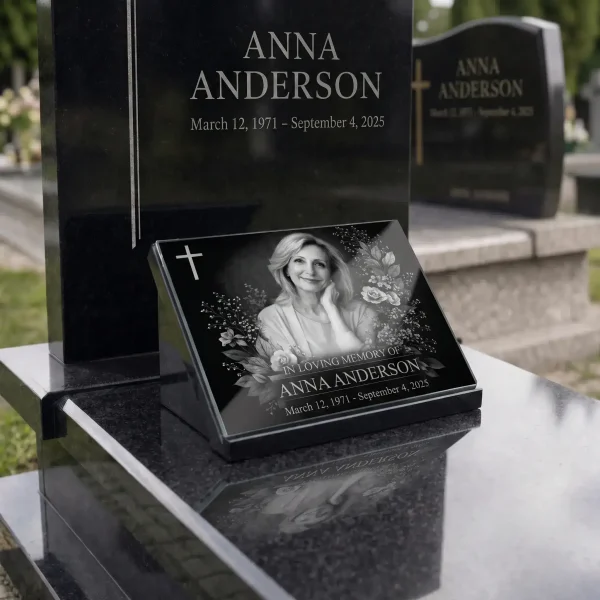 Glass photo plaque for grave engraved with name, dates and portrait