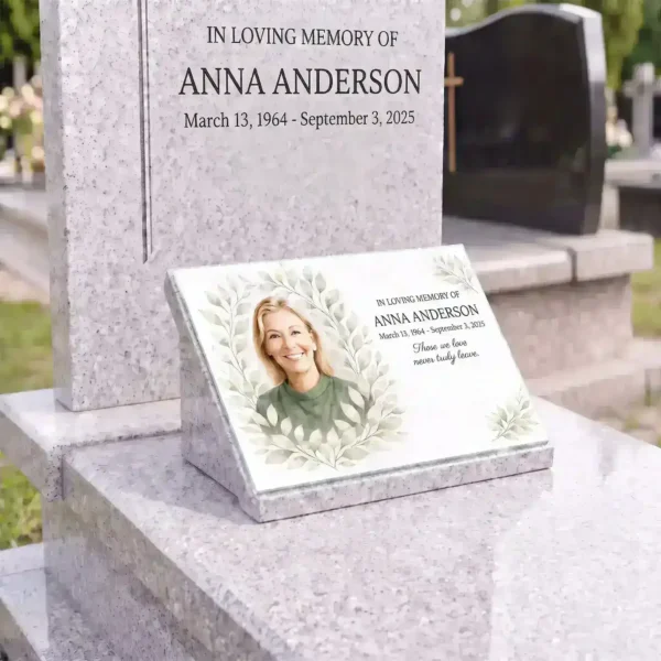 Glass photo plaque for grave featuring portrait, name and dates