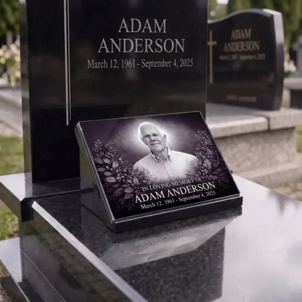 Glass photo plaque for grave featuring portrait, name and dates on headstone