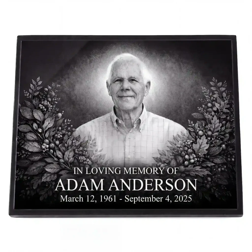 glass photo plaque for grave engraved with portrait, name and dates