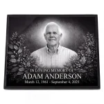 glass photo plaque for grave engraved with portrait, name and dates