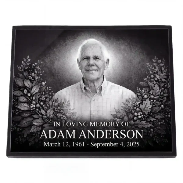 glass photo plaque for grave engraved with portrait, name and dates