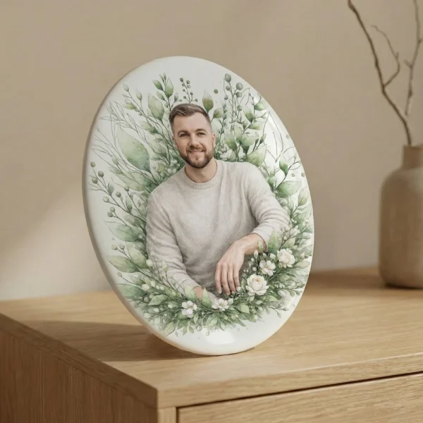 custom glass memorial plaque with personalized portrait and floral design