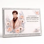 Glass photo plaque for headstone with name, dates and floral design