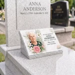 Glass photo plaque for grave with name, dates and floral design