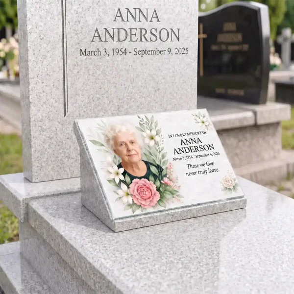Glass photo plaque for grave with name, dates and floral design