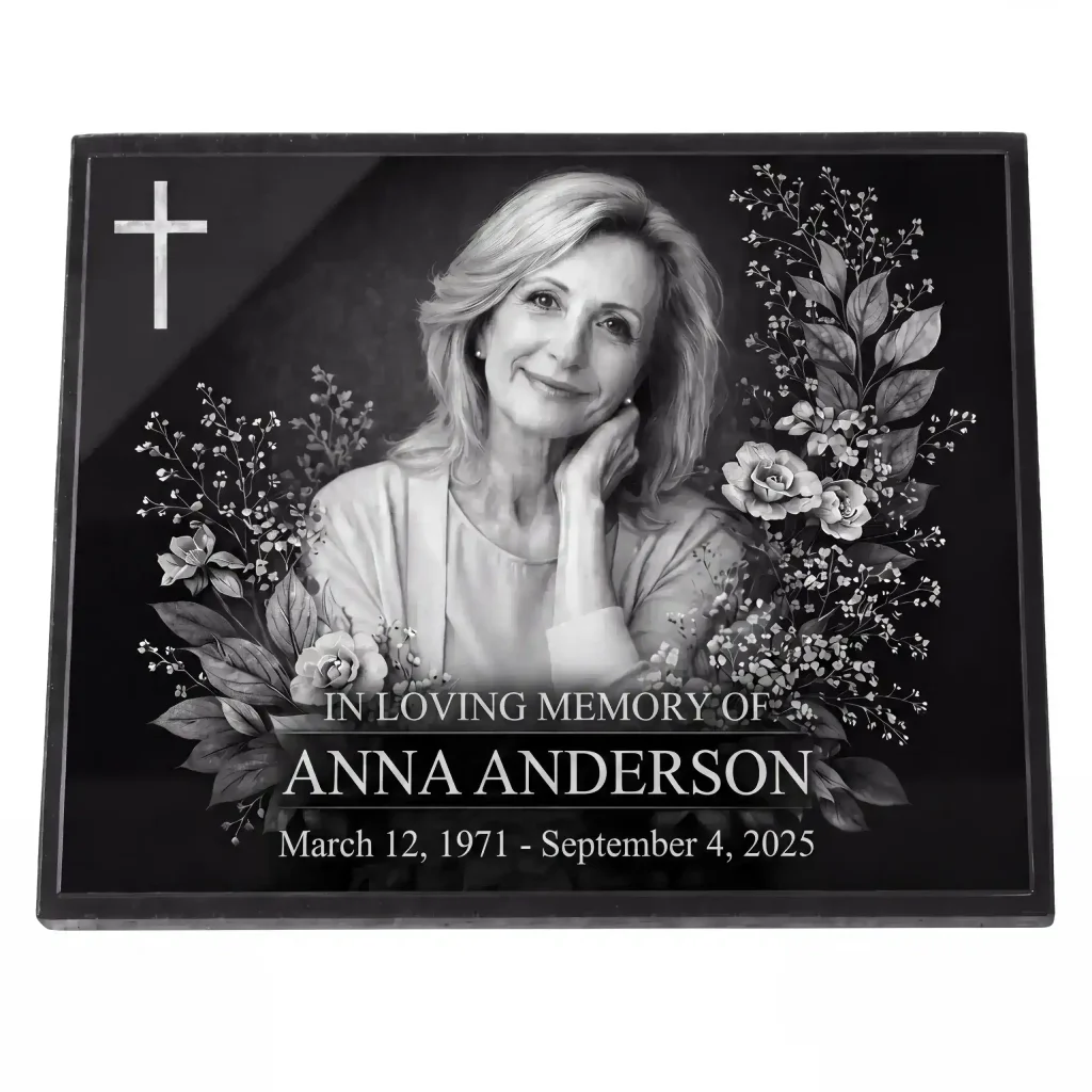 Glass photo plaque for grave engraved with name and dates