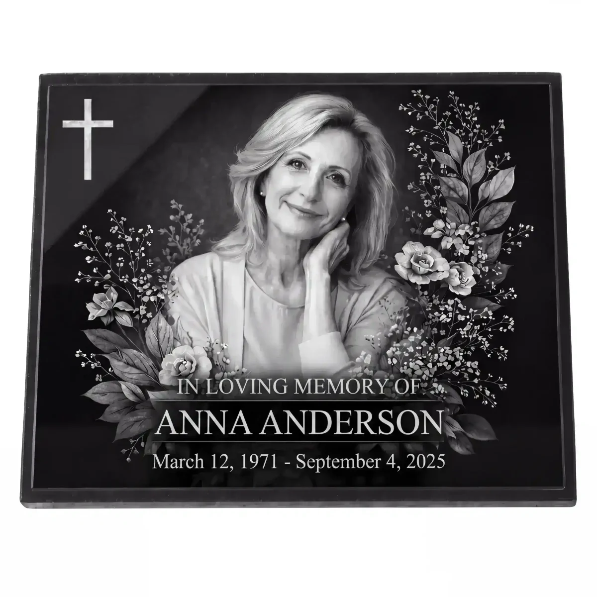 Glass photo plaque for grave engraved with name and dates