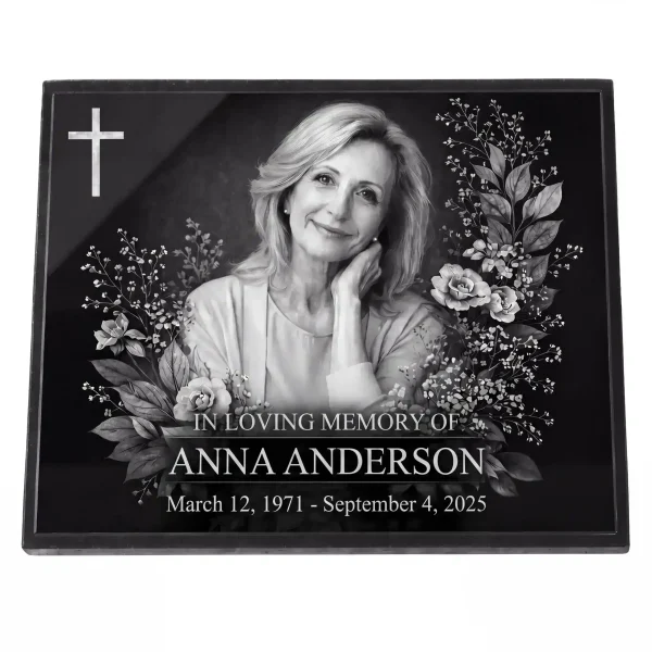 Glass photo plaque for grave engraved with name and dates