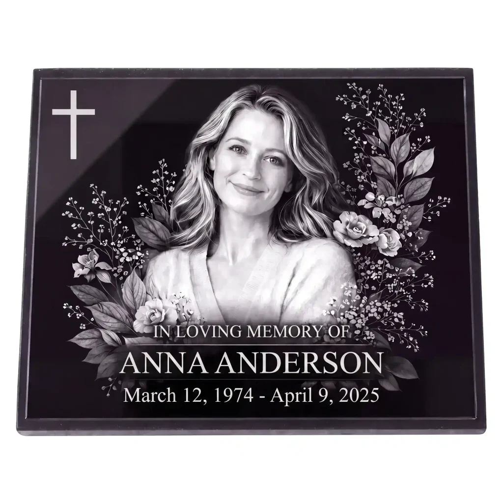 Glass photo plaque for grave engraved with name and dates